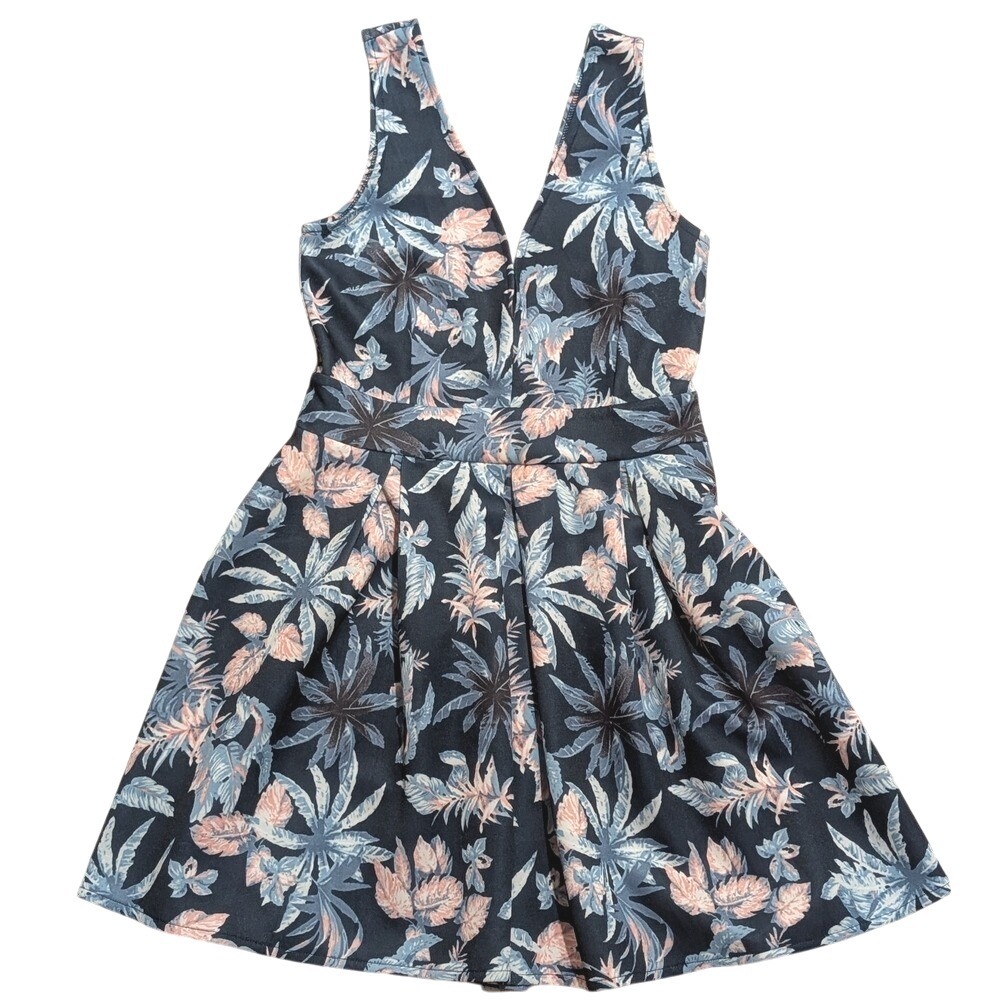 Alythea Tropical Floral Mini Dress Small S Navy Blue Pink Deep V Anthropologie